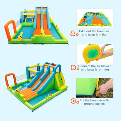 JOYLDIAS Inflatable Water Slide, Giant Water Park Bounce House with 2 Long Slides, Splash Pool,Trampoline, Climbing Wall, Ring Toss Game, 550W Air Blower for Kids Backyard Garden Indoor Outdoor Use