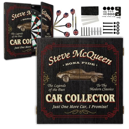 Personalized Dart Board Cabinet Set with 6 Steel Tip Darts, Paper Fibre Dartboard, Chalk & Eraser (21.5 x 21.5 x 2.75") - Occupational Man Cave Dart Boards for Adults - Car Collector (404) - style: Car Collector Dartboard & Cabinet Set