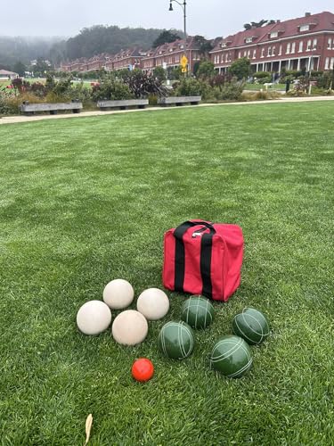 BuyBocceBalls Listing - Made in USA, Premium Quality Official Tournament Bocce Set - 110mm Dark Green and White Balls Nylon Bag; Regulation Size Balls 998 Grams (2 lbs. 3 oz.)