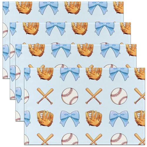 Baseball Bowknot Placemats Set of 4,Blue Bow Tie Knot Table Mats,Baseball Bat Gloves Placemat for Kitchen Dining Table Ball Sport Games Dining Table Decor,18"x12" - color: Baseball Blue