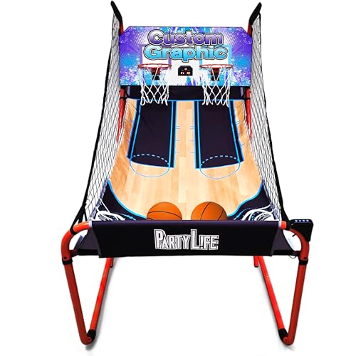PartyLife 2-Player Basketball Arcade Game w/Optional LED Lights | Electronic Scoring | 5 Balls, 1 Pump, 8 Games | Folding Design | Heavy-Duty Steel Frame - Choose Your Model - color: Custom, style: Base Model