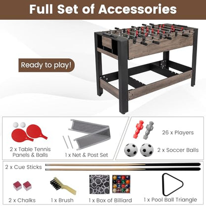 Goplus 3-in-1 Swivel Game Table, 49'' Combo Game Table with Foosball, Pool Billiards & Table Tennis for Adults, Indoor Arcade Table with Legs for Family Game Room Party