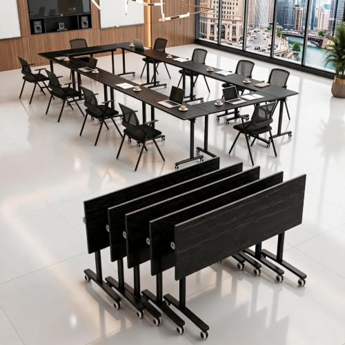 Folding Conference Table with Wheels, Mobile Flip-Top Training Table, Modular Space-Saving Meeting Table for Office, Classroom, Seminar, Library (10, Black, 55IN) - color: Black, size: 55IN