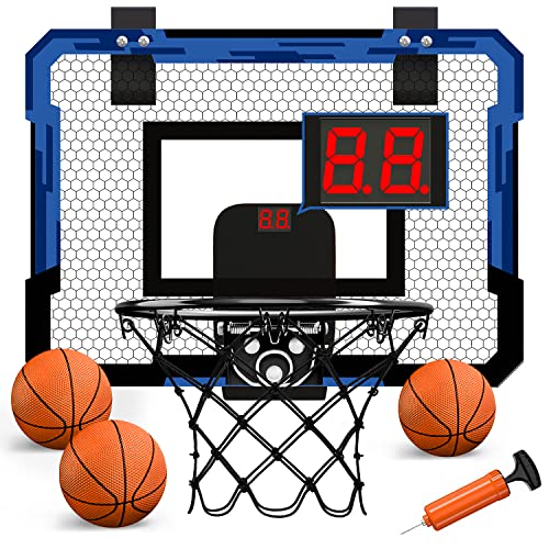 QDRAGON Mini Basketball Hoop, Over The Door Indoor, with 3 Balls/Inflator/Breakaway Rim, Basketball Toy Gifts for Kids and Adults, Suit for Bedroom/Office/Outdoor, Blue with Scoreboard - color: Deep Blue