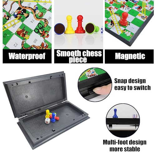 KIDAMI Mini Magnetic Snakes and Ladders Board Game Set, Folding Portable Design and Light-Weight, Travel Game Set Gift for Kids Toddlers (7.64 × 7.64 inches) - color: Snakes & Ladders