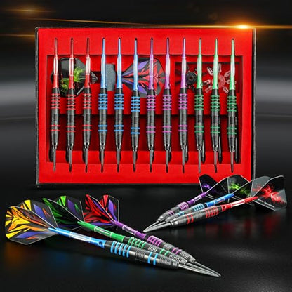 WINSDART Darts Metal Tip Set Professional Metal Darts for Dartboard Steel Tip Darts with Nonslip Iron Barrel Aluminum Dart Shafts,Extra Flights,Dart Sharpener,Gift Box - style: Colorful Engraved Darts Set