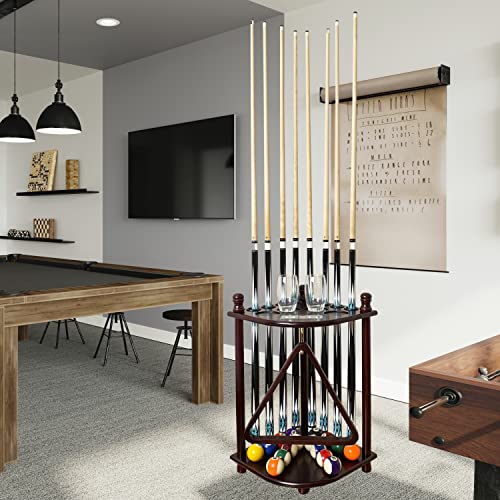 Floor Standing Pool Cue Rack Hold 8 Cue Sticks & Pool Table Accessories, Solid Wood Pool Stick Holder, Corner Pool Cue Holder with Ball Rack Hook & Scorer Counter