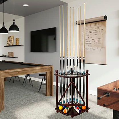 Floor Standing Pool Cue Rack Hold 8 Cue Sticks & Pool Table Accessories, Solid Wood Pool Stick Holder, Corner Pool Cue Holder with Ball Rack Hook & Scorer Counter