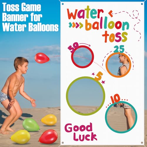 Mindsoft Water Toss Balloon Activity Set Include Toss Activity Banner, 50 Balloons, 2 Hose Nozzle Outdoor Shooter Target 4 Score Holes Water Ball Splashing Banner Swimming Pool Set for Summer Supplies
