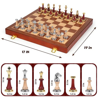 Large Wooden Chess Set with Metal & Wooden Chess Pieces, Luxury 17 Inch Chess Board Game with 2 Extra Queens, Premium Classic Strategy Board Game for Adults, Kids, Beginners & Gift Lovers