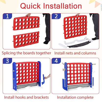 OLAKIDS Giant Connect Game Outdoor, 4 in A Row with Adjustable Height, Mesh Net, Carry Bag, Golf, Basketball Hoop, Ring Toss, Cup Holder for Kids Adults Indoor Backyard (Red) - color: Red
