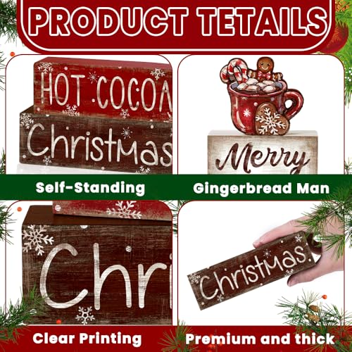 DIYDEC 4Pcs Christmas Wooden Tabletop Decoration Hot Cocoa Wooden Block Signs Gift Rustic Xmas Tiered Tray Decor Merry Christmas Centerpiece Sign Farmhouse Winter Table Home Party Decor - style: Hot Cocoa