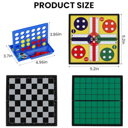 5 in 1 Mini Travel Games Set with 4 Foldable Chess Boards and 5 Sets of Chess Pieces - Magnetic Checkers, Chess,Ludo, Reversi, 4 in a Row Game & Storage Bag, Mini Games for Road Trip, Camping,Party