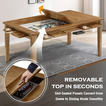 Haddockway 63" ×39“ Board Game Table with Removable Top, Solid Wood Dining/Gaming Table for 4-6 Players with Play Mat, 6 Detachable Cup Holders & 6 Hobby Trays (Light Walnut) - color: Light Walnut