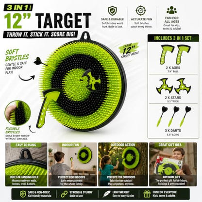 Leeray 3-in-1 Bristle Target Board Game – Axe Throwing Game for Backyard with Throwing Axes, Soft Tip Darts, and Ninja Stars – Safe Outdoor Games & Kids Toys for Ages 6+