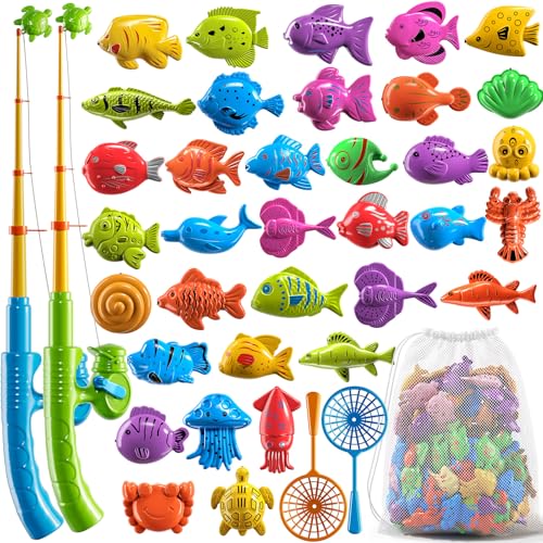 NIPLOOOW Magnetic Fishing Game Pool Toys for Kids 3-5, Water Table Bathtub Kiddie Party Toy with Pole Rod Net Plastic Floating Fish, Outdoor Toys for Boys Girls Kids Age 3 4 5 6 7 8 Year Old - style: 40PCS