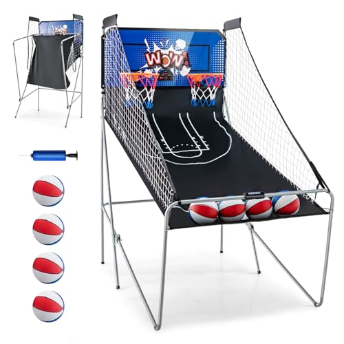 GYMAX Arcade Basketball Game Indoor Foldable with 8 Game Modes, Arcade Sound, 4 Balls and Inflation Pump, Electronic Basketball Games for Home - color: Blue