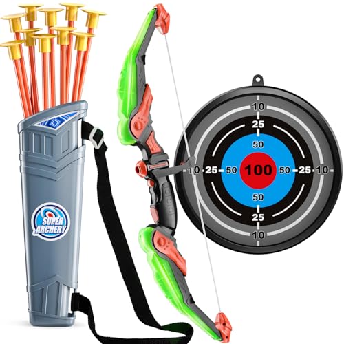 TEMI Bow and Arrow Set for Kids - Archery Toy Set - LED Light Up with Suction Cup Arrows, Target & Quiver, Indoor and Outdoor Toys for Children Boys Girls - color: Green