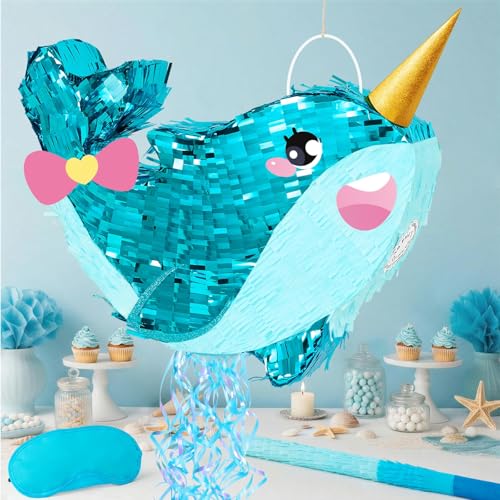 WERNNSAI Narwhal Piñata - Girl Narwhal Party Piñata Game Whale Ocean Themed Party Decor for Kids Under the Sea Classroom Decorations Summer Season Baby Shower Favors - style: Narwhal