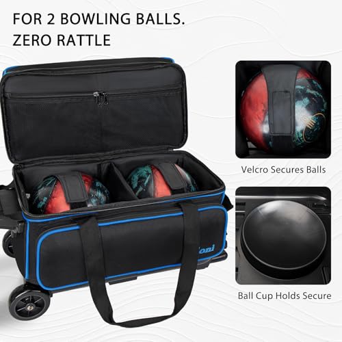 Goloni Double Roller 2 Ball Bowling Bag with Separate Shoe Compartment,2 Ball Bowling Bag with Wheels,Retractable Handle Extends to 40" - color: TR Blue
