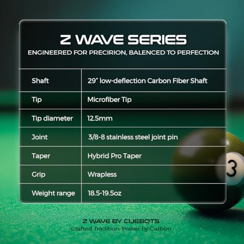 Z Wave Carbon Pool Cue – 29” Carbon Shaft, 12.5mm Hybrid Conical Taper, Low Deflection, Microfiber Tip