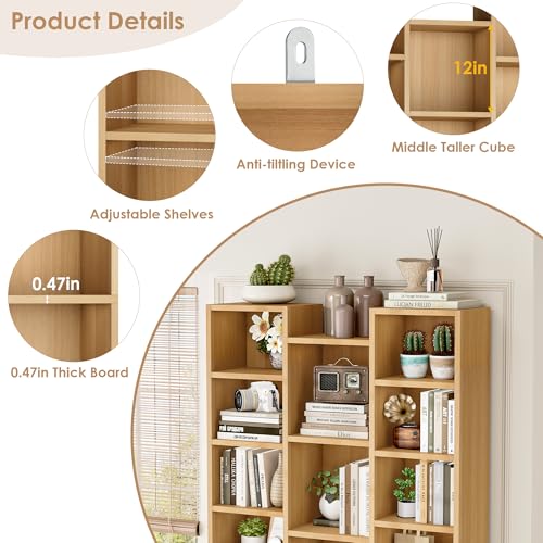 FOTOSOK 71'' Tall Bookshelf with 21 Cubes, 8 Tier Triple Wide Bookshelf with 8 Adjustable Shelves, 35" Wood Bookcase DVD/CD Media Tower Storage, Freestanding Display Shelf Cabinet, Natural - color: Natural