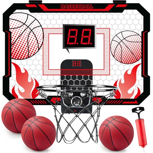 Indoor Basketball Hoop for Kids with Scoreboard Over the Door Basketball Hoop with 3 Balls Basketball Toys Gifts for 5 6 7 8 9 10 11 Years Old Boys Girls Mini Hoop for Bedroom and Birthday/Christmas - style: Red