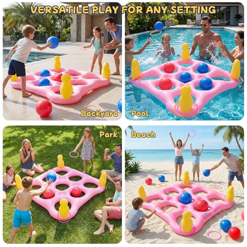 ECHTPower Tic-Tac-Toe Pool Toys Games - 2-in-1 Giant Inflatable Pool Floats with Ring Toss Set and 10 Balls, Fun Summer Party Water Beach Float Pool Game for Adults Teens Kids (Green) - color: Pink