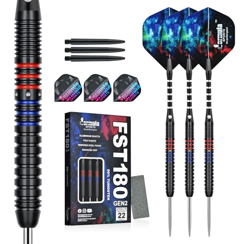 Formula Sports 90% Tungsten Darts Metal Tip Set - Professional Steel Tip Darts Set 21g/22g/23g/24g, with Aluminum Shafts, Tungsten Barrels, Dart Sharpener, Extra Flights - color: Blue&Red, size: 21g
