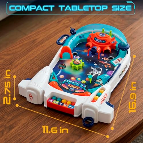 Space Pinball Machine — Tabletop Arcade Game with Obstacles, Pull-Rod Launcher, Flippers, UFO Targets & Astronaut Theme, 1-2 Player Mini Pinball for Kids - style: Space Pinball
