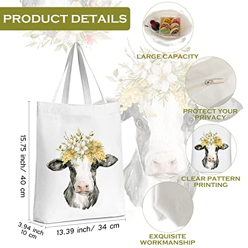 Sieral 2 Pcs Animal Lover Bag Gift for Women Travel Canvas Tote Portable Zipper Pouch Canvas Reusable Grocery Tote - style: Cow