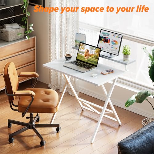 WOHOMO Folding Computer Desk with Adjustable Height, 23.6" x 31.5" x 25.6" Foldable Table with Monitor Stand, Small Office Desk for Bedroom, Space Saving Desk for Home Office, Easy Assemble, White - color: White