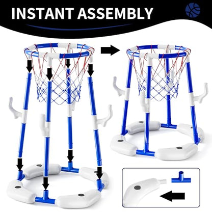 2-in-1 Pool Basketball Hoop & Ring Games with 4 Balls 12 Rings and Pump, Summer Water Outdoor Party Swimming Pool Toys Games for Kids Ages 4-8 8-12 Adult, Family Water Party Birthday Games Toys - style: 2-in-1 Pool Basketball Hoop（Blue）
