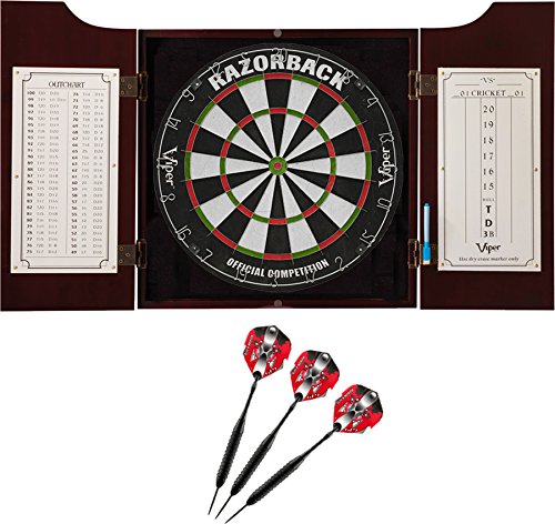 Viper Hudson All-in-One Dart Center: Classic Solid Wood Cabinet & Official Sisal/Bristle Dartboard Bundle with Steel-Tip Dart Set, Dry Erase Scoreboard & Out-Chart, Mahogany Finish - style: Premium