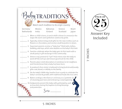 BASEBALL Baby Shower Games — BABY TRADITIONS around the World Game — Pack of 25, Rustic Sports Navy Blue BOY Shower Activity, Sport Fun Facts Baseball Little Slugger Theme Couples Shower G900-BTW