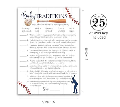 BASEBALL Baby Shower Games — BABY TRADITIONS around the World Game — Pack of 25, Rustic Sports Navy Blue BOY Shower Activity, Sport Fun Facts Baseball Little Slugger Theme Couples Shower G900-BTW
