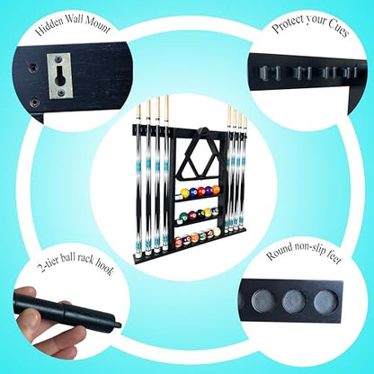 Wall Mount Pool Cue Stick Holder, Black Solid Wood Rack for 8 Cues - color: Black