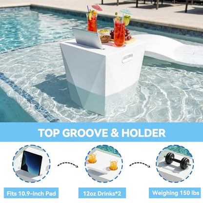 Modern Assemble-Free Outdoor Side Table, Pool Side Table for Inside Pool or on Patio, Lounger Table with 2 Cup Holders * 1 Tablet Holder, White