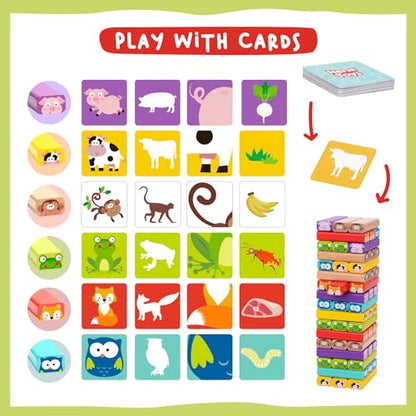 Nene Toys Wooden Tumble Tower Game with Animals & Colors, 4-in-1 Educational Family Board Game for Kids Ages 3-9, Creativity & Cognitive Skills Booster - Gift for Boys Girls 3+ Years - style: Animals