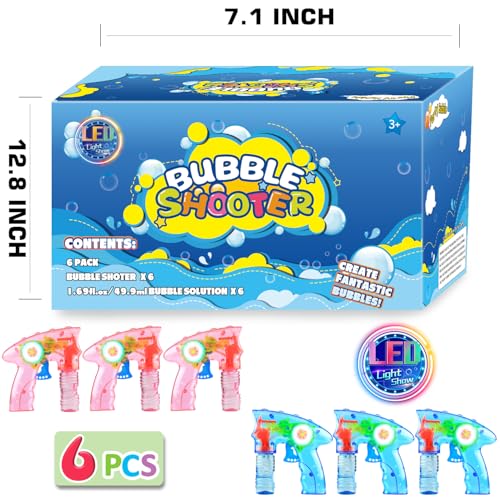 6 Pcs Bubble Gun Shooter LED Light up(no Batteries Needed), Wind up Operated Bubbles Blaster Blower with Bottle Solutions, Bubble Blowing Toy kit for Kid Boy and Girl Outdoor Summer Game Party Favor