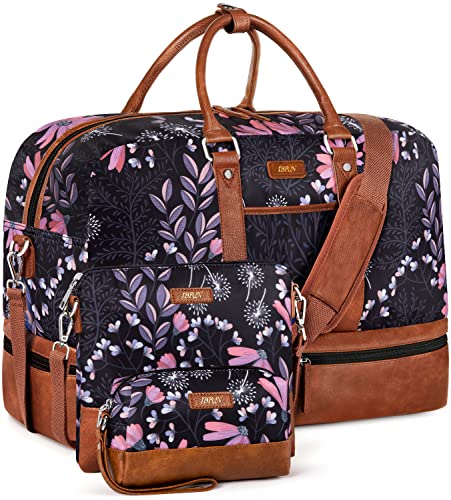 Weekender Bag for Women, Large Overnight Bag Canvas Travel Duffel Bag Carry On Tote with Shoe Compartment 21" 3Pcs Set - color: A08-brown+black flower