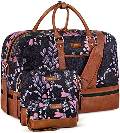 Weekender Bag for Women, Large Overnight Bag Canvas Travel Duffel Bag Carry On Tote with Shoe Compartment 21" 3Pcs Set - color: A08-brown+black flower