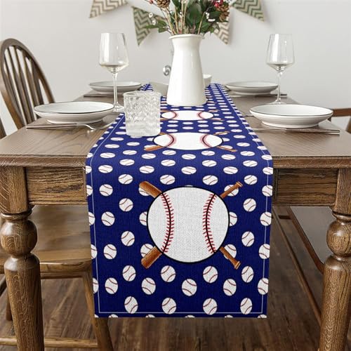 Erosebridal Cartoon Baseball Table Runner,Sports Ball Game Table Runners,Athletic Sport Lover Rectangular Runner Tabletop Decor,Blue White,13x48 Inch - size: 13" X 48"