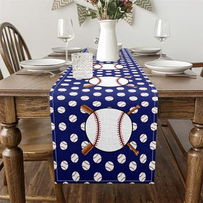 Erosebridal Cartoon Baseball Table Runner,Sports Ball Game Table Runners,Athletic Sport Lover Rectangular Runner Tabletop Decor,Blue White,13x120 Inch - size: 13" X 120"