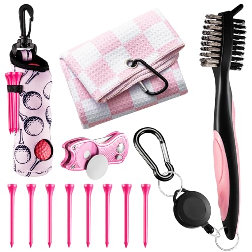 Liliful 12 Pcs Golf Accessories Kit, Include Golf Ball Bag with Hook Towel Tees Magnetic Ball Marker Divot Tool Cleaner Brush for Women Man Gifts - color: Pink, style: Checkered