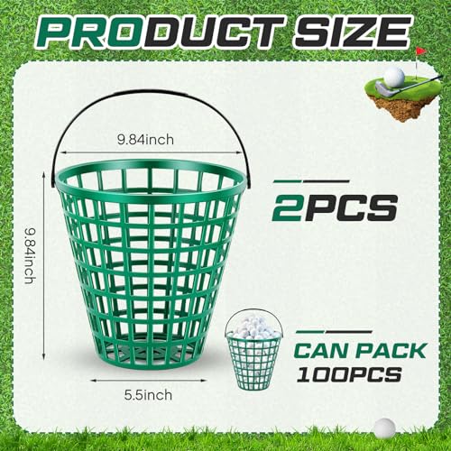 Halloscume 2 Pcs Golf Ball Basket, Small/Large Can Hold 50/75/100 Balls Golf Container with Handle Holder Contain Stadium Accessories Storage Bucket for Sport Practice (10 x 10 Inch,Green) - size: 100