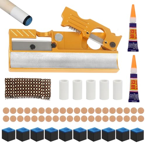 Vefungyan Pool Cue Tips Replacement Kit: 11 in1 Billiards Pool Cue Tip Repair Shaper Tool with 20pcs cue Tips 5 Chalk for Replacement - color: Gold