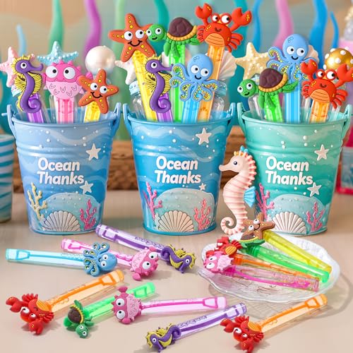 Winrayk Under the Sea Party Favors, 24Pcs Self-designed Mini Bubble Wands for Kids Ocean Animals Bubbles Bulk & Detachable Topper (6 Styles), Birthday Gift Pinata Goodie Bag Stuffer Classroom Prizes - style: Ocean Animal