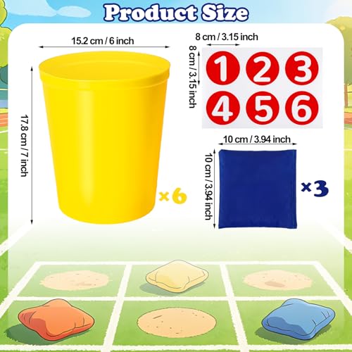 15 Pcs Bean Bag Toss Buckets Games Knockdown Can Throwing Game Sets, 6 Buckets 3 Bean Bag Number 1-6 Stickers for Outdoor, Family Gatherings, Birthdays, Indoor and Outdoor Activities