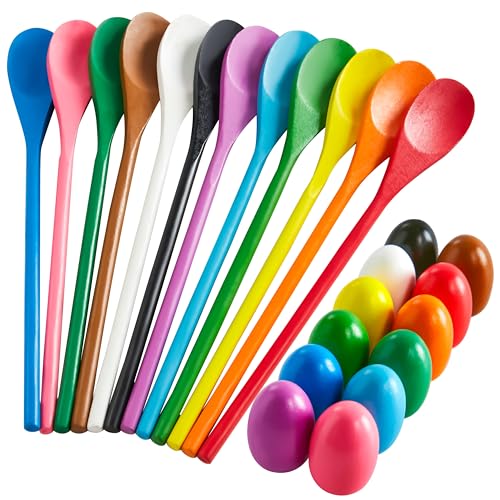 JOYIN 24 PCS Easter Egg and Spoon Race Game Set, 12 Players Carnival Egg and Spoon Relay Game for Kids & Family Activity Holiday Outdoor Yard Easter Egg Hunt Birthday Party Lawn